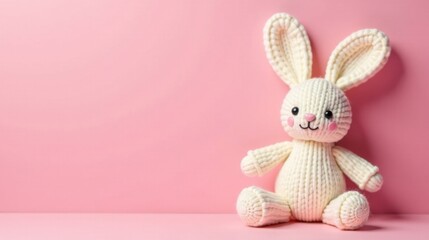 Obraz premium Adorable Knitted Bunny Toy on Pink Background, Perfect for Springtime or Easter Celebrations