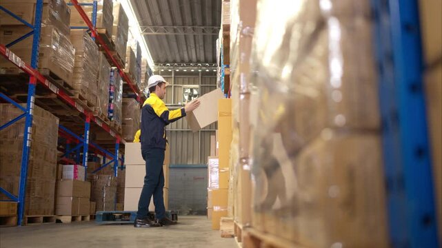 Two warehouse workers are lifting boxes of merchandise on a pallet jack to store on a shelf in a warehouse