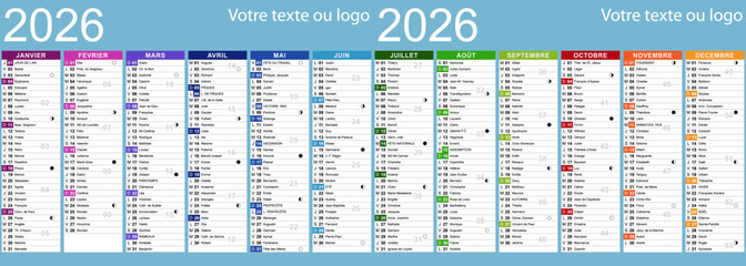 Calendrier 2026 pour impression produits publicitaires avec saints, fêtes et cycles de la lune - Textes vectorisés et non vectorisés sur calques séparés