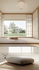 Minimalist room, natural light, serene view, floor cushions.