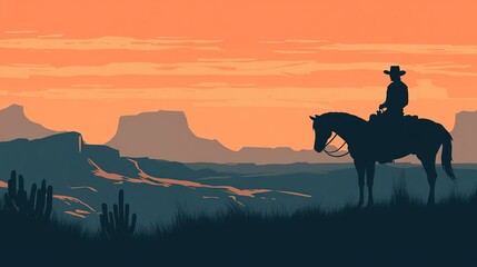 A cowboy and his horse silhouetted, with a desert backdrop.