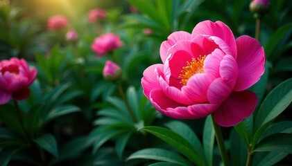 Obraz premium Bold peony blooms & lush foliage, continuous print, white, floral pattern, garden