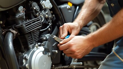 A DIY mechanic fixing a motorcycle, using a simple toolkit.