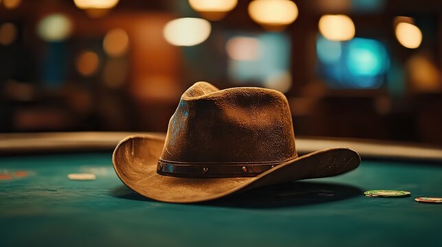 A dusty cowboy hat sitting on a poker table, Wild West style. - Powered by Adobe
