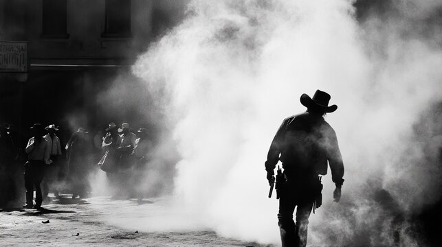 A quick-draw cowboy showdown, tense moment in a dusty street.