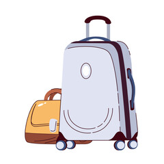 Suitcase and bag, luggage for journey. Valise and handbag of tourists with handles to carry. Baggage, equipment mascot, closed suitcase on wheels cartoon vector illustration