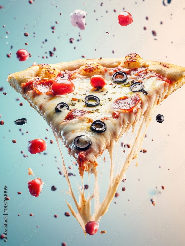 Poster delicious pizza slice with gooey cheese and vibrant toppings suspended in a dynamic background showc