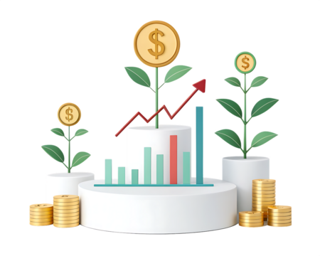 Financial Growth and Investment Concept – Stacked Gold Coins with Arrow and Green Plants Isolated on White