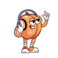Groovy peach cartoon character listening to music on headphones. Funny retro apricot with funky face pointing up. Fruit mascot, cartoon comic peach sticker of 70s 80s style vector illustration