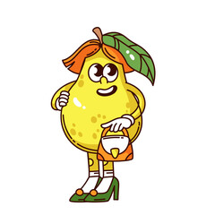 Groovy pear cartoon character standing with smile. Funny retro food personage with girls shoes and leaf, handbag. Fruit mascot, cartoon cute yellow pear sticker of 70s 80s style vector illustration