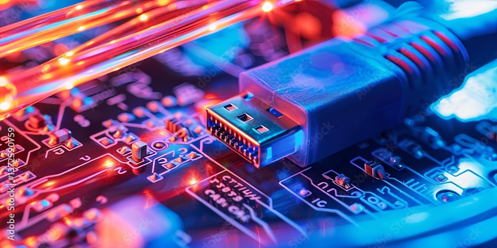 Poster High-Tech USB Connection On Circuit Board With Colorful LED Lights Showcasing Modern Electronics and Digital Connectivity Innovations
