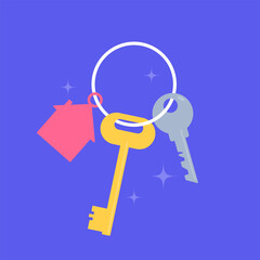 key with house keychain.  Buy or sell building icon or print. Mortgage loan. Housing for rent. Template for sale, rent home. rent house, concept.