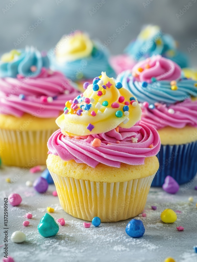 Poster delicious collection of colorful cupcakes with neon icing and rainbow sprinkles in a vibrant bakery 