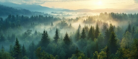 Fototapeta premium Misty Forest Canopy at Sunrise Serene Woodland Landscape with Foggy Atmosphere and Lush Green Trees Capturing the Tranquil Beauty of Nature