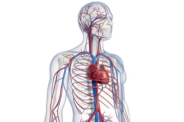 Obraz premium a 3D medical illustration of the human circulatory system, showing the arteries in red and the veins in blue, superimposed on a simplified skeletal outline