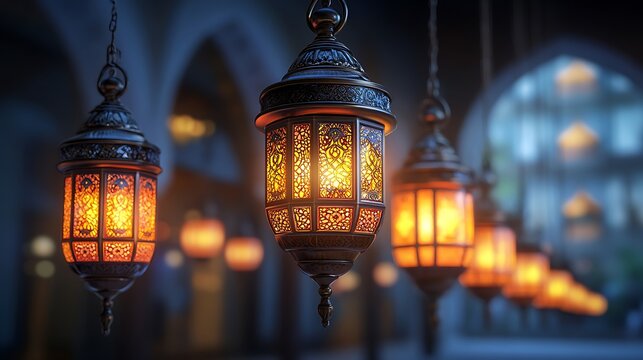 Illuminated hanging lanterns create an evocative and warm ambiance in a space - Powered by Adobe