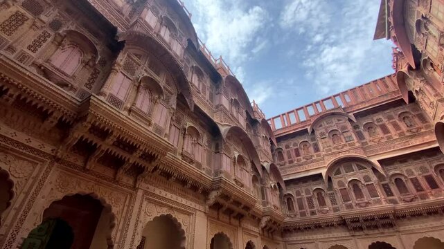 Mehrangarh Fort's interior features intricate architectural details. Located in Jodhpur, Rajasthan, it is a UNESCO World Heritage Site.