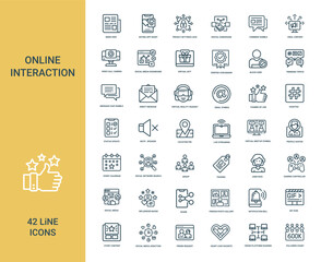 online social media communication interaction collection 42 line icons, direct symbol reality virtual chat message email