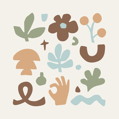 Minimalistic collage with a set of uneven abstract and organic shapes, including leaves, swirls, flowers, a hand, in muted pastel colors.