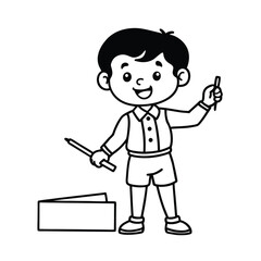 Happy Boy Student Drawing with Pencils and Notebook