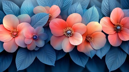 Obraz premium Floral Arrangement With Peach Blooms And Blue Leaves. Artistic And Vibrant.