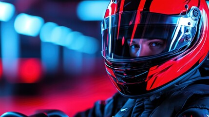 A close-up of a go-kart driver focused expression through the helmet visor as they accelerate on a winding track.