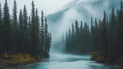 Misty river flowing through pine forest tranquil nature scene mountainous region serene viewpoint peaceful environment