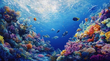 Fototapeta premium Vibrant coral reef teeming with fish, underwater scene, sunlit depths