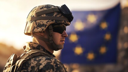 A soldier stands proud against the backdrop of the European flag, symbolizing unity.