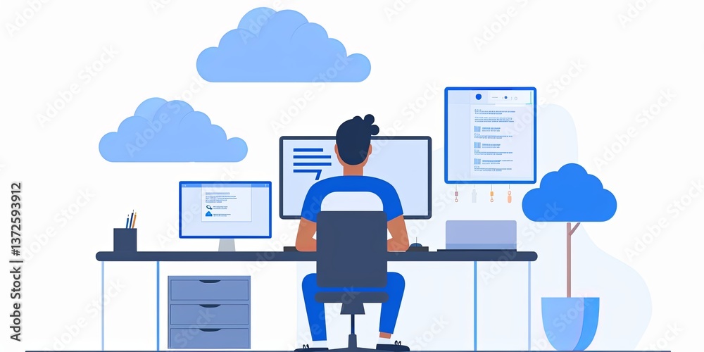 Aufkleber young professional working at a modern desk with computer screens, creative workspace with clouds an