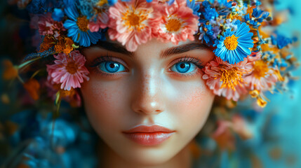 Face of a beautiful girl, wild flowers in her hair, surrealism