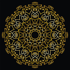 A digital mandala illustration with intricate gold and white lines, creating a symmetrical, elegant design. The black background enhances the contrast, making the delicate patterns stand out beautiful