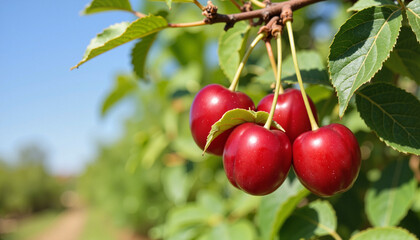 Obraz premium Ripe red cherries hanging on a tree branch against blue sky 