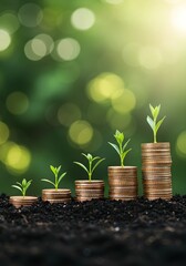 A seedling is growing on a coin lying on the ground. Green investment concept ,Rising money to invest. financial growth concept