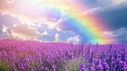 Fototapeta premium Lavender fields blooming under a rainbow in provence france – nature photography colorful landscape scenic view