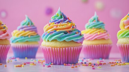 Colorful cupcakes with neon icing and rainbow sprinkles in a vibrant bakery setting