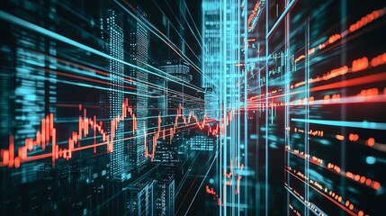 Fototapeta premium Dynamic data visualization with colorful graphs and futuristic cityscapes.