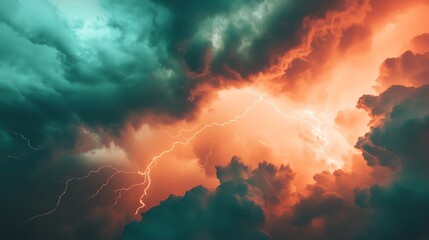 Dramatic storm clouds with vivid lightning illuminating the sky in vibrant colors.