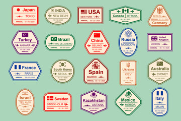 Travel Visa Stamps. International and immigration office stamps. Arrival and departure visa stamps
