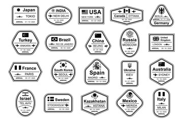 Travel Visa Stamps. International and immigration office stamps. Arrival and departure visa stamps