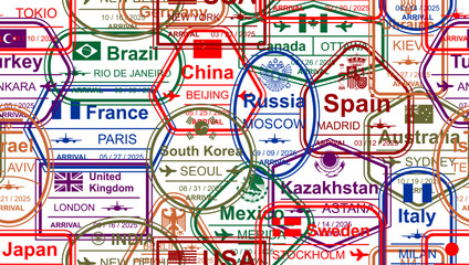 Seamless pattern with passport visa stamps. International and immigration office stamps. Arrival and departure visa stamps