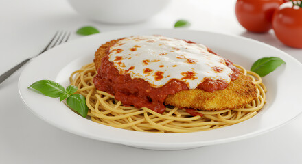 Chicken Parmigiana with Spaghetti on White Plate