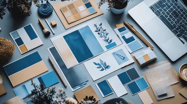  Flat Lay of a Branding Designer’s Workspace with Hand-Drawn Logo Sketches, Color Swatches, Laptop with Logo Design, Moodboards, and Blue and Gold Accents, Showcasing a Tailored Custom Branding Proces