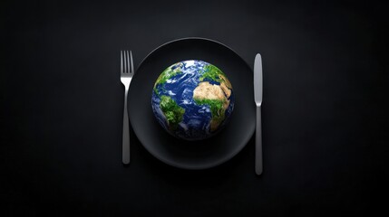 A surreal image of Earth placed on a plate with a fork and knife beside it, symbolizing global food consumption and environmental awareness.