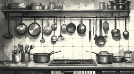 Vintage kitchen countertop and hanging utensils