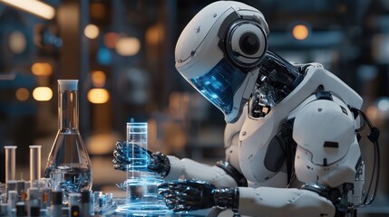 Futuristic robot scientist examines a beaker in a lab