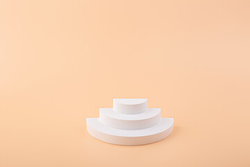 Empty modern white geometric stair steps, product display. Simple staircase for cosmetic podium.