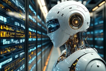 A white robotic face views a server room with glowing displays