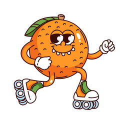 Groovy orange cartoon character roller skating. Funny retro tangerine in skate boots with wheels. Citrus fruit mascot, cartoon orange with toothy smile sticker of 70s 80s style vector illustration