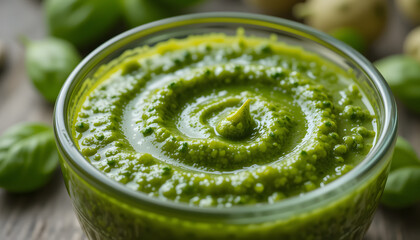 Fresh Green Basil Pesto Sauce in a Small Glass Bowl